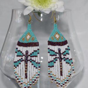 New Hand Beaded Turquoise and White Dragonfly Fringe Earrings